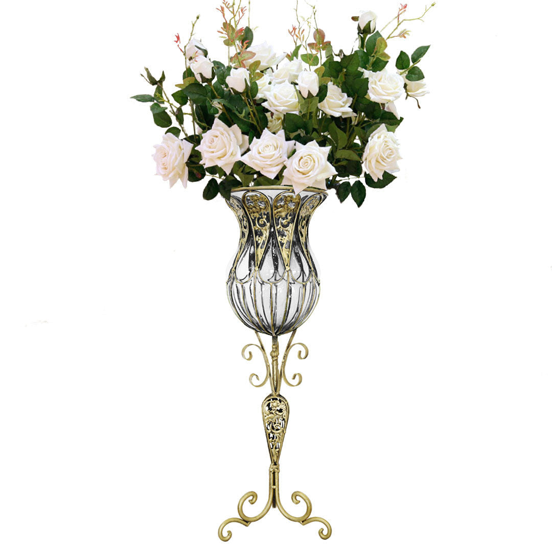 NNEAGS 85cm Clear Glass Tall Floor Vase with 12pcs White Artificial Fake Flower Set-0