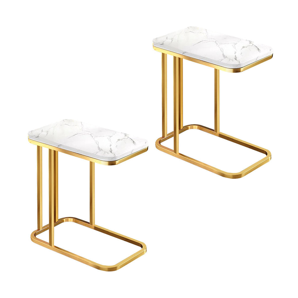 NNEAGS 2X 30x50cm White Ceramic Sofa Side Square Mini Table w/ Gold Metal Legs-0