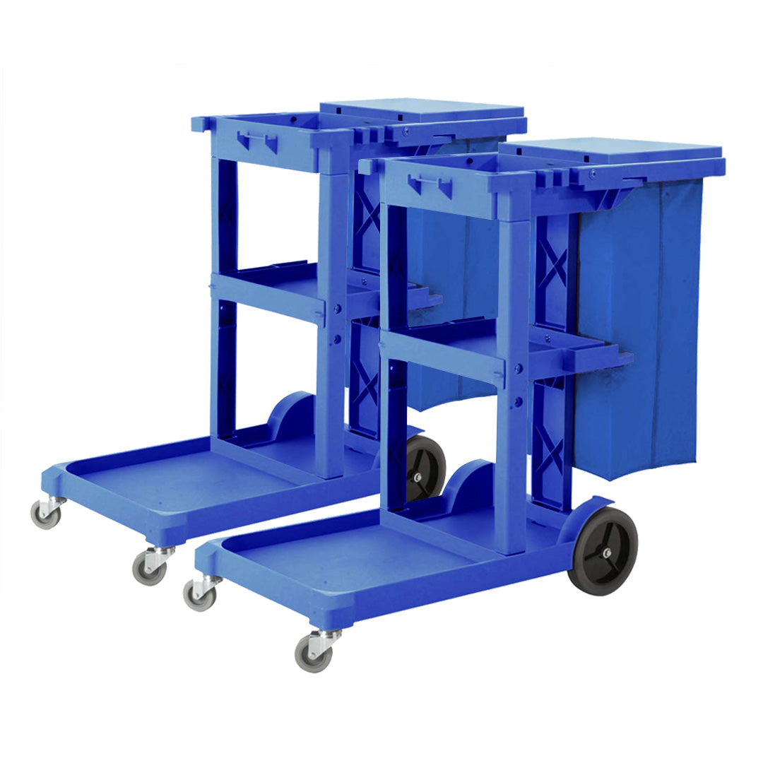 NNEAGS 2X 3 Tier Multifunction Janitor Cleaning Waste Cart Trolley and Waterproof Bag Blue-0