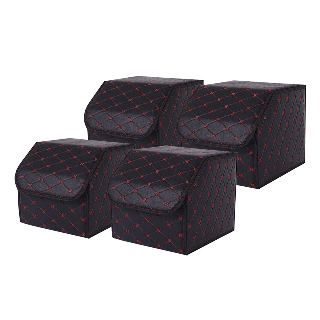 NNEAGS 4X Leather Car Boot Collapsible Foldable Trunk Cargo Organizer Portable Storage Box Black/Red Stitch Small-0