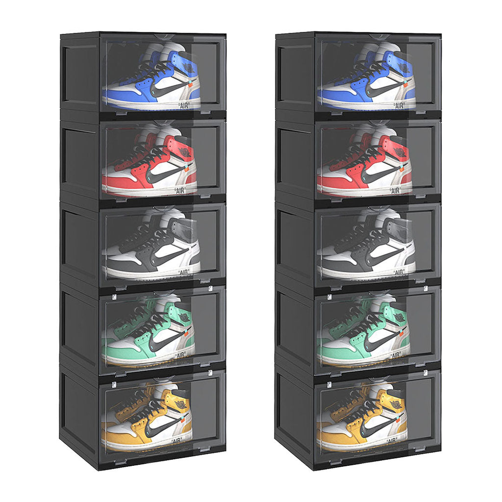 NNEAGS 2X 5 Tier Black Portable Shoe Organiser Sneaker Footwear Folding Plastic Bin Stackable Storage Box with Magnetic Door-0