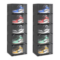 NNEAGS 2X 5 Tier Black Portable Shoe Organiser Sneaker Footwear Folding Plastic Bin Stackable Storage Box with Magnetic Door-0