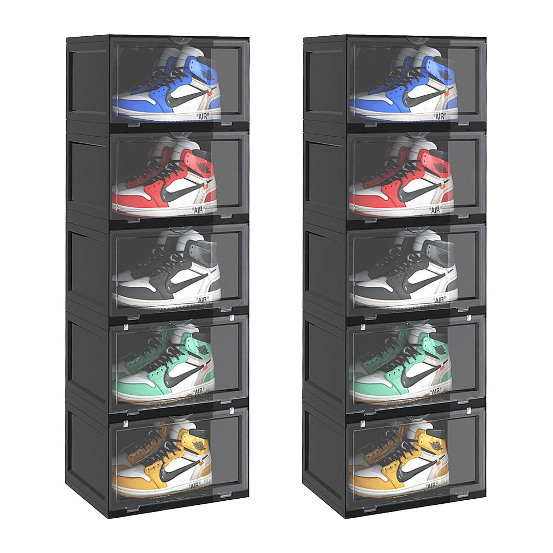 NNEAGS 2X 5 Tier Black Portable Shoe Organiser Sneaker Footwear Folding Plastic Bin Stackable Storage Box with Magnetic Door-0