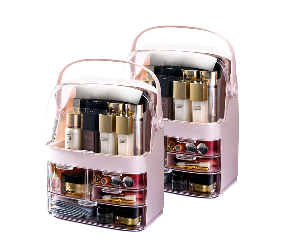 NNEAGS 2X 3 Tier Pink Countertop Makeup Cosmetic Storage Organiser Skincare Holder Jewelry Storage Box with Handle-0