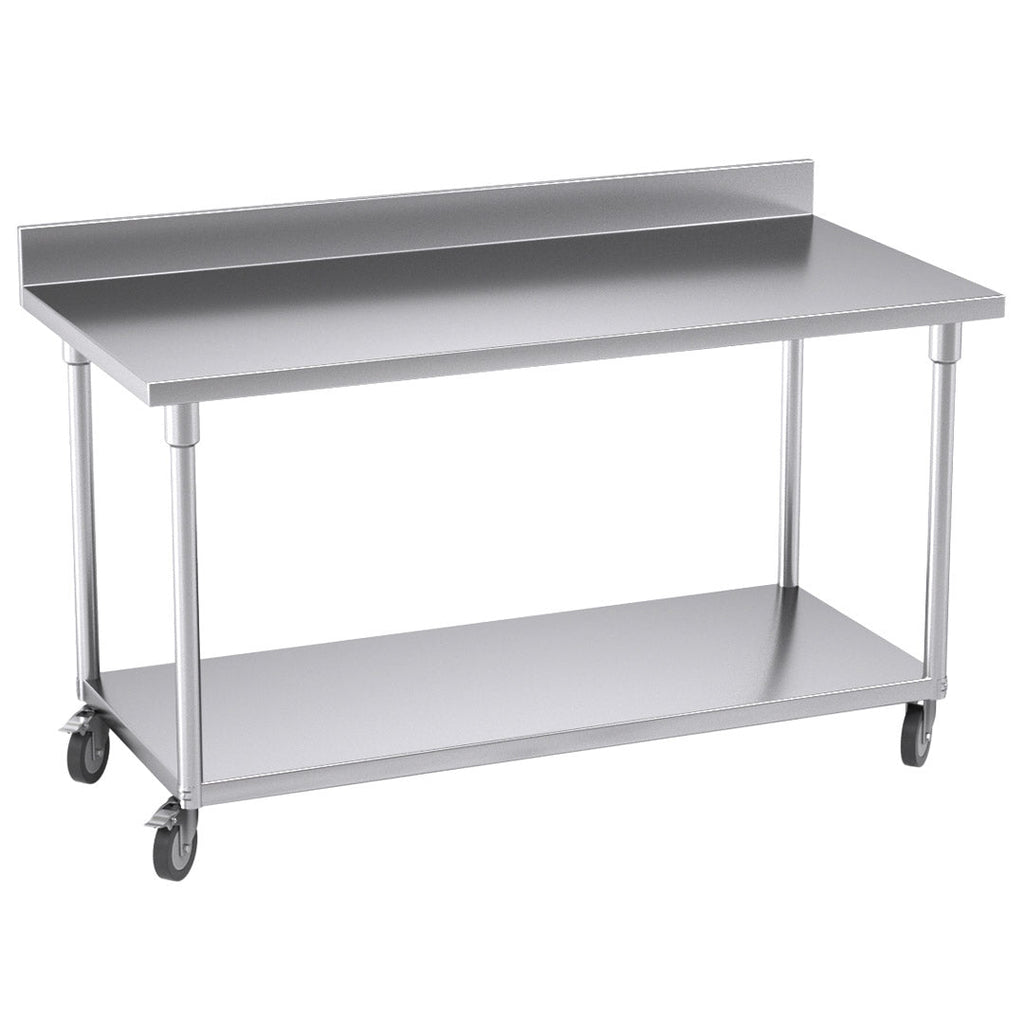 NNEAGS 150cm Catering Kitchen Stainless Steel Prep Work Bench Table with Backsplash and Caster Wheels-0