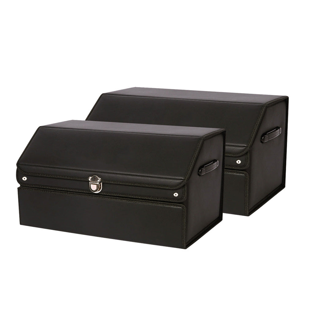 NNEAGS 2X 60cm Leather Car Boot Collapsible Foldable Trunk Cargo Organizer Portable Storage Box with Lock Black-0