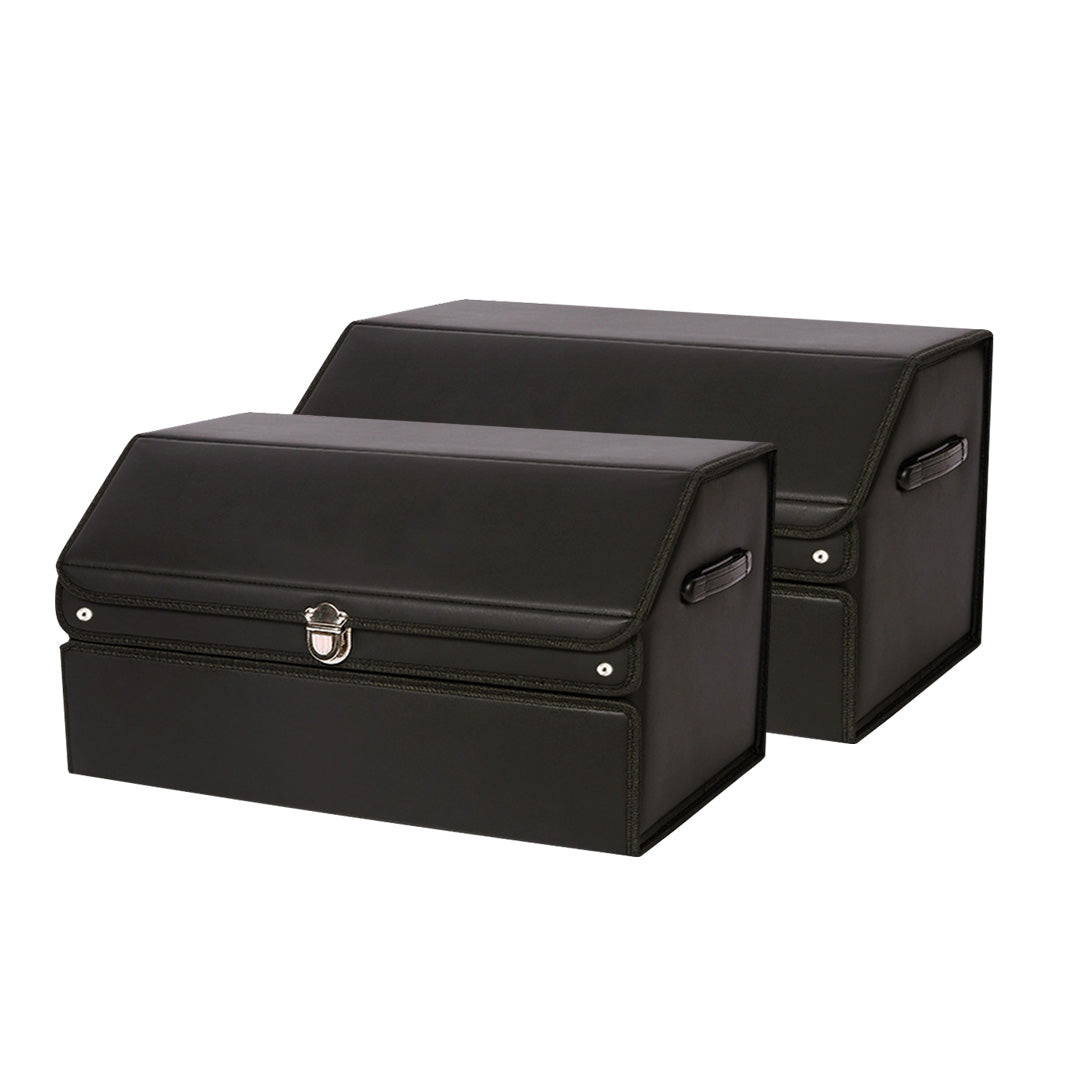 NNEAGS 2X 60cm Leather Car Boot Collapsible Foldable Trunk Cargo Organizer Portable Storage Box with Lock Black-0