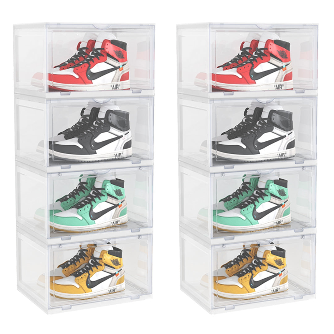 NNEAGS 2X 4 Tier Transparent Portable Shoe Organiser Sneaker Footwear Folding Plastic Bin Stackable Storage Box with Magnetic Door-0