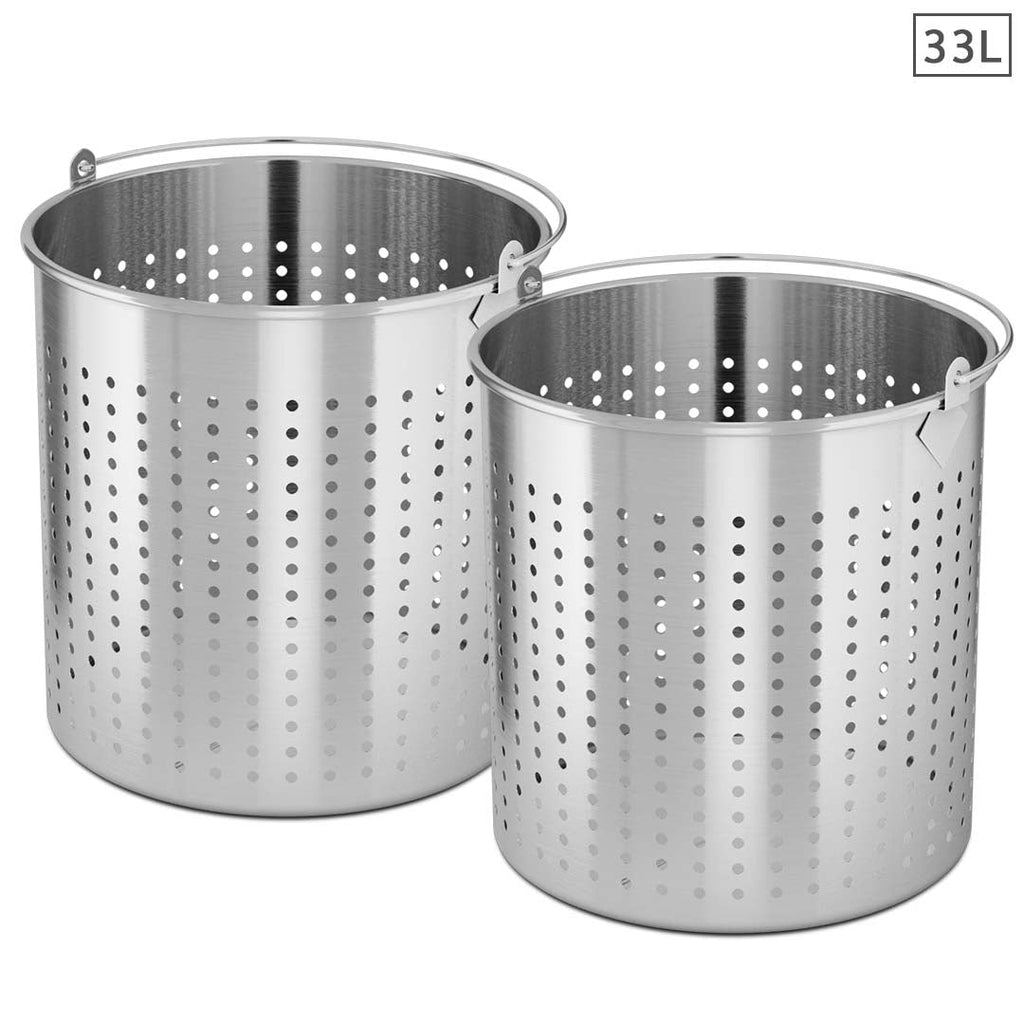 NNEAGS 2X 33L 18/10 Stainless Steel Perforated Stockpot Basket Pasta Strainer with Handle-0