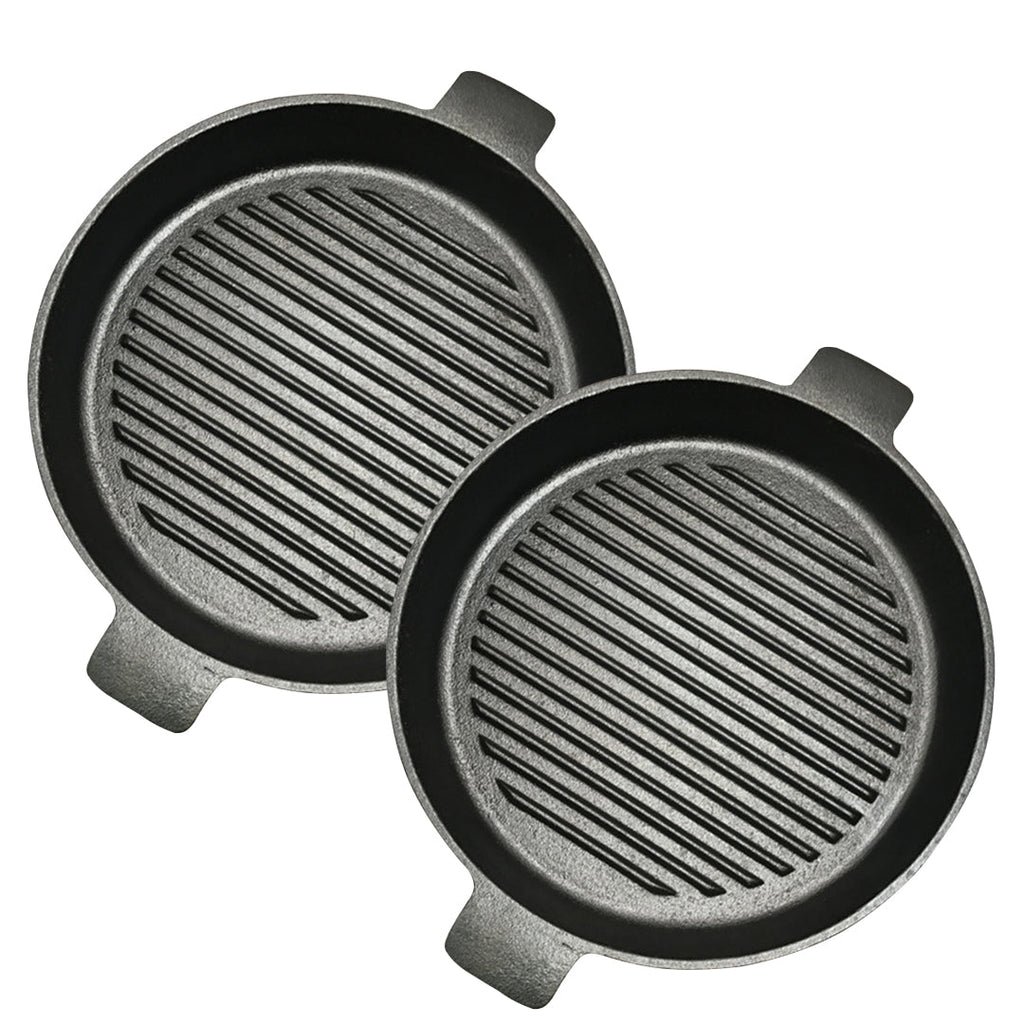 NNEAGS 2X 25cm Round Ribbed Cast Iron Frying Pan Skillet Steak Sizzle Platter with Handle-0
