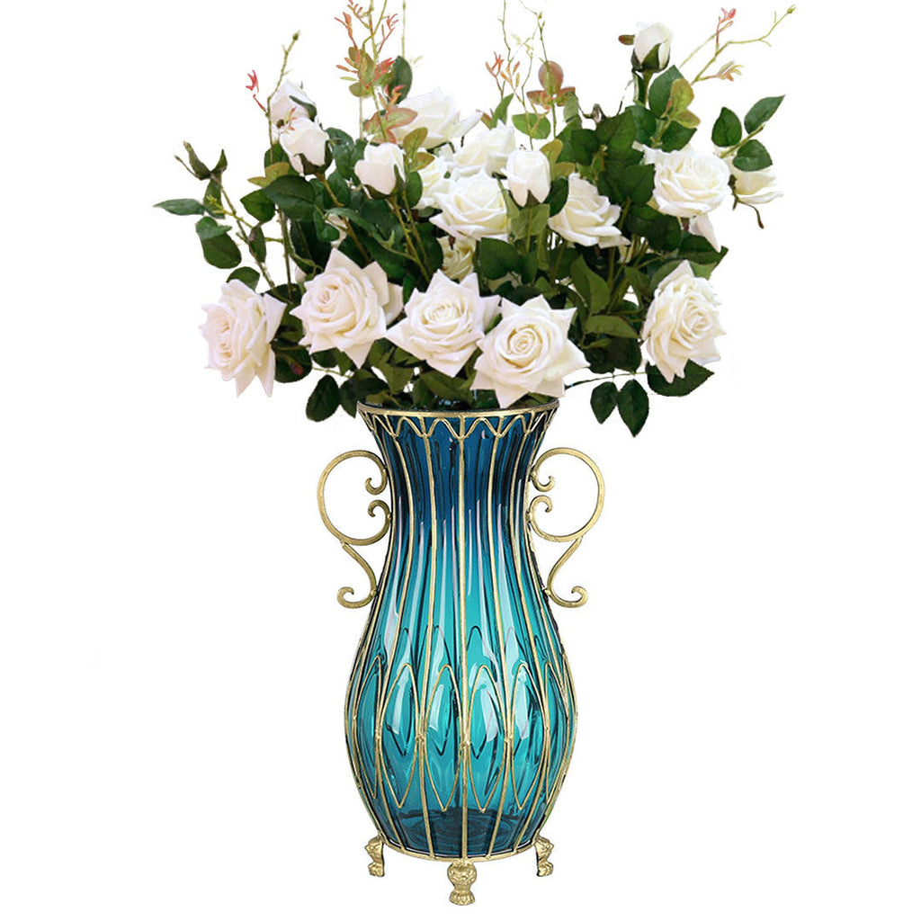 NNEAGS 51cm Blue Glass Tall Floor Vase with 12pcs White Artificial Fake Flower Set-0