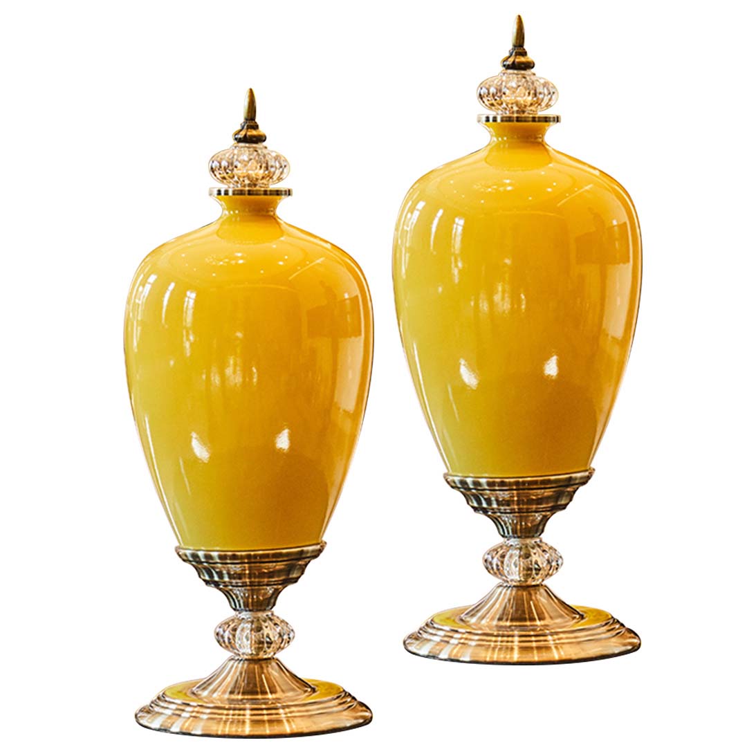 NNEAGS 2X 42cm Ceramic Oval Flower Vase with Gold Metal Base Yellow-0
