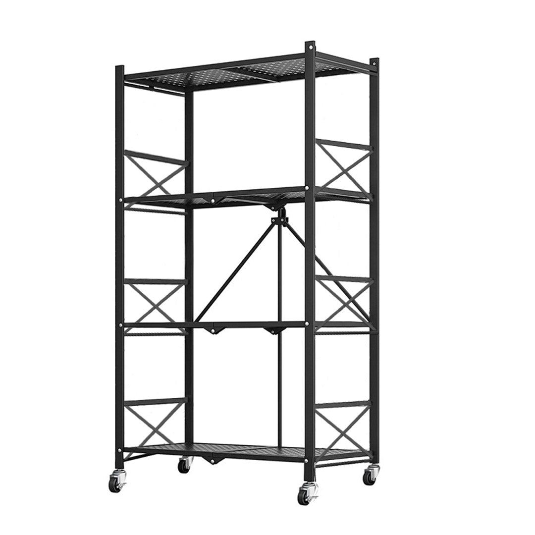 NNEAGS 4 Tier Steel Black Foldable Display Stand Multi-Functional Shelves Portable Storage Organizer with Wheels-0