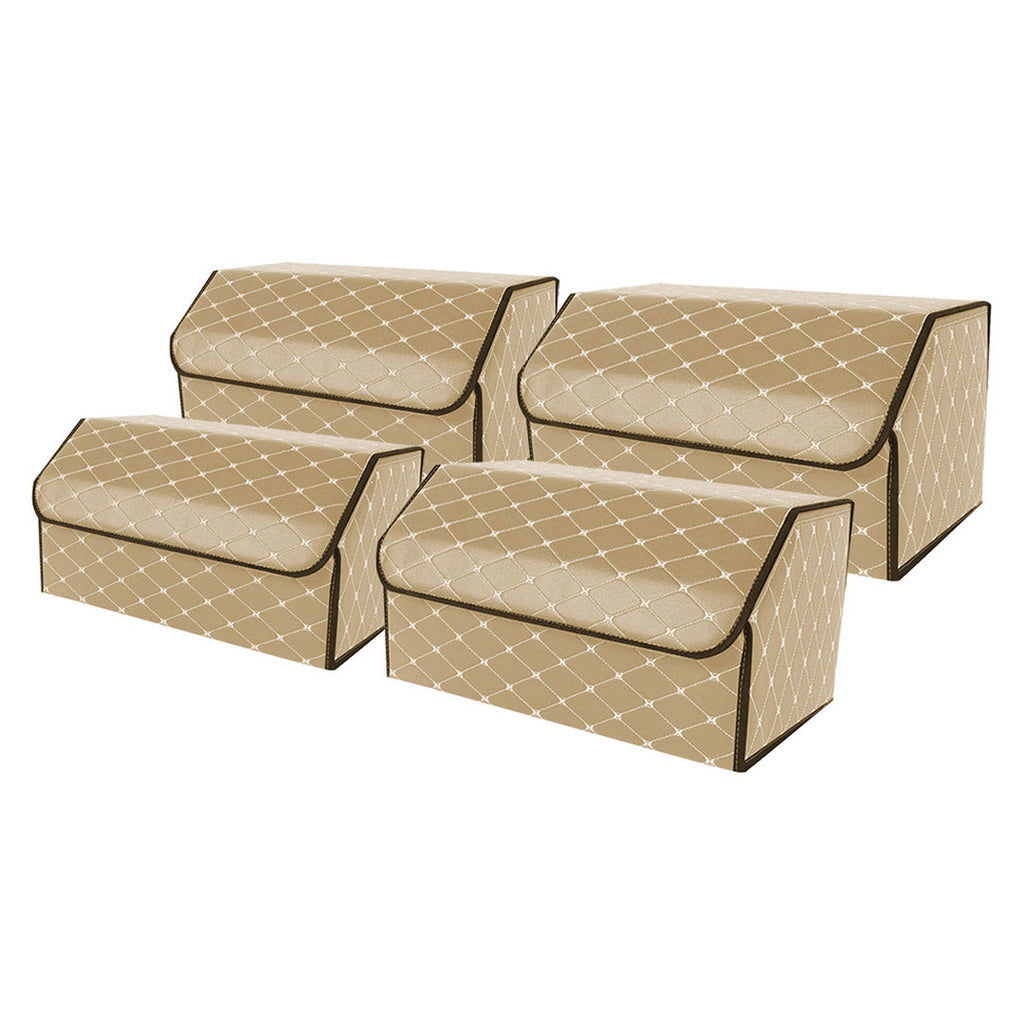 NNEAGS 4X Leather Car Boot Collapsible Foldable Trunk Cargo Organizer Portable Storage Box Beige/Gold Stitch Large-0