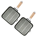 NNEAGS 2X 28cm Ribbed Cast Iron Square Steak Frying Grill Skillet Pan with Folding Wooden Handle-0