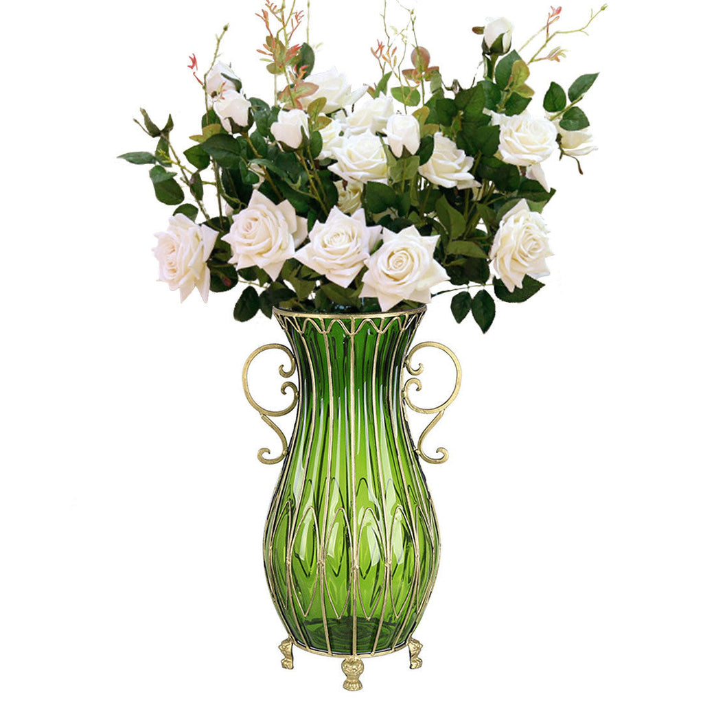 NNEAGS 51cm Green Glass Tall Floor Vase with 12pcs White Artificial Fake Flower Set-0