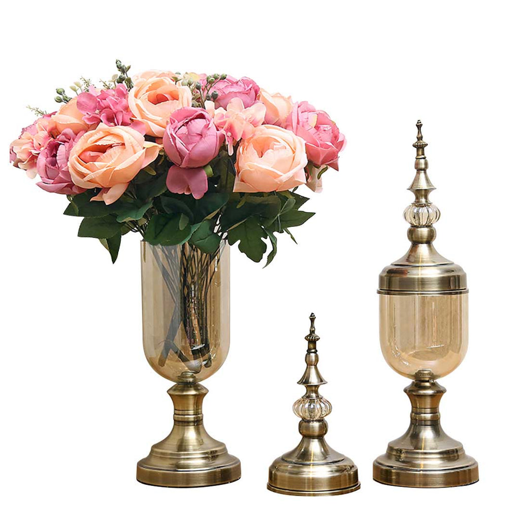 NNEAGS 2X Clear Glass Flower Vase with Lid and Pink Flower Filler Vase Bronze Set-0