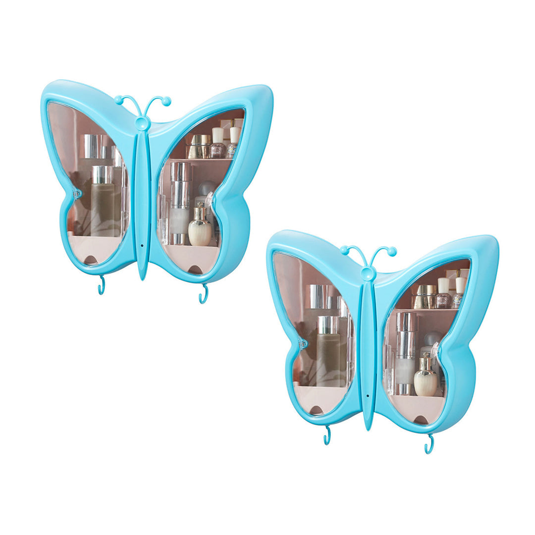 NNEAGS 2X Blue Butterfly Shape Wall-Mounted Makeup Organiser Dustproof Waterproof Bathroom Storage Box Home Decor-0