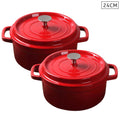 NNEAGS 2X Cast Iron 24cm Enamel Porcelain Stewpot Casserole Stew Cooking Pot With Lid Red-0