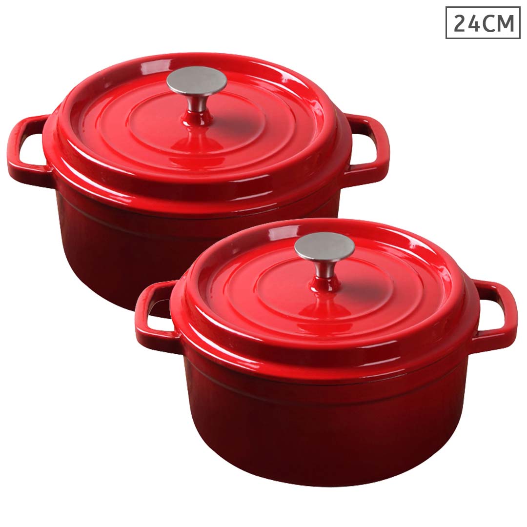 NNEAGS 2X Cast Iron 24cm Enamel Porcelain Stewpot Casserole Stew Cooking Pot With Lid Red-0