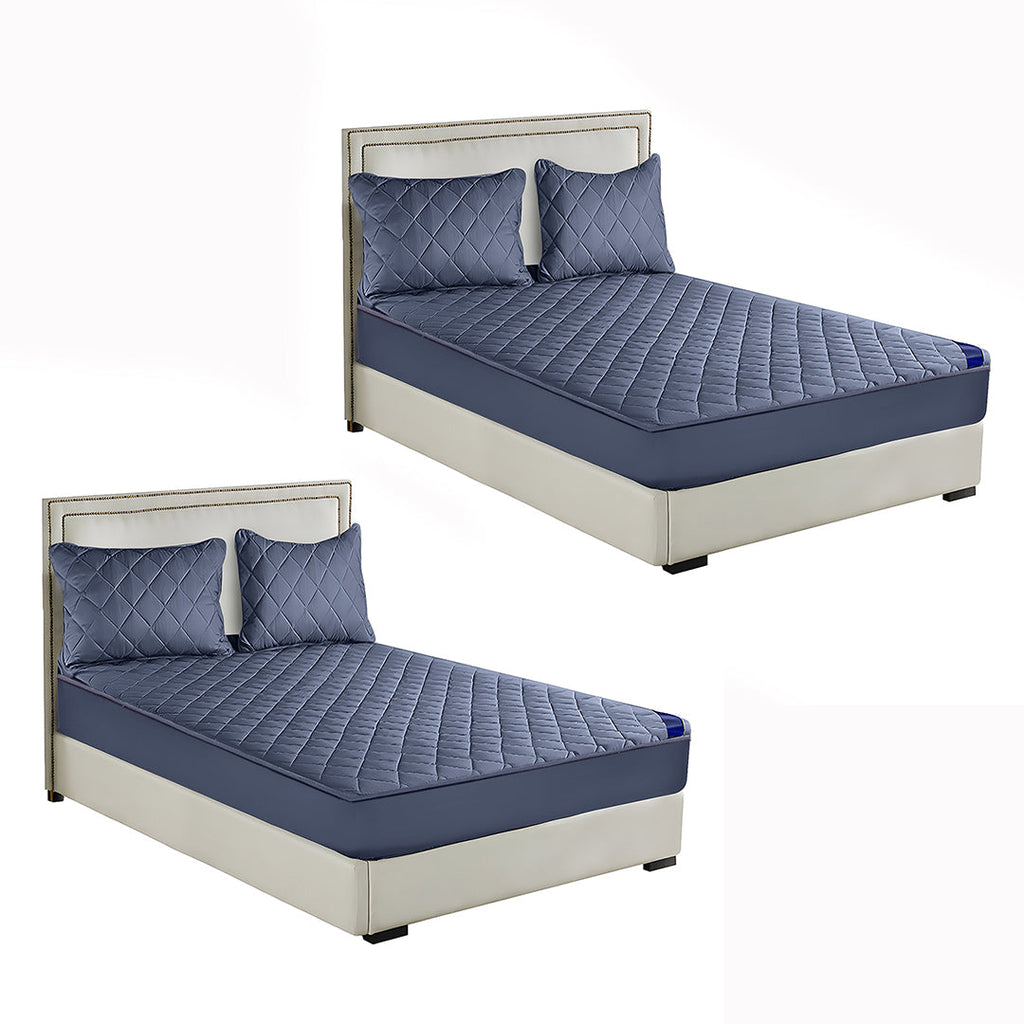 NNEAGS 2X Blue 183cm Wide Cross-Hatch Mattress Cover Thick Quilted Stretchable Bed Spread Sheet Protector with Pillow Covers-0