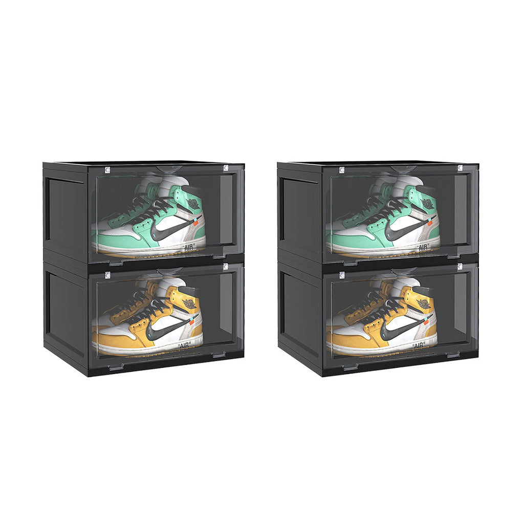 NNEAGS 2X 2 Tier Black Portable Shoe Organiser Sneaker Footwear Folding Plastic Bin Stackable Storage Box with Magnetic Door-0