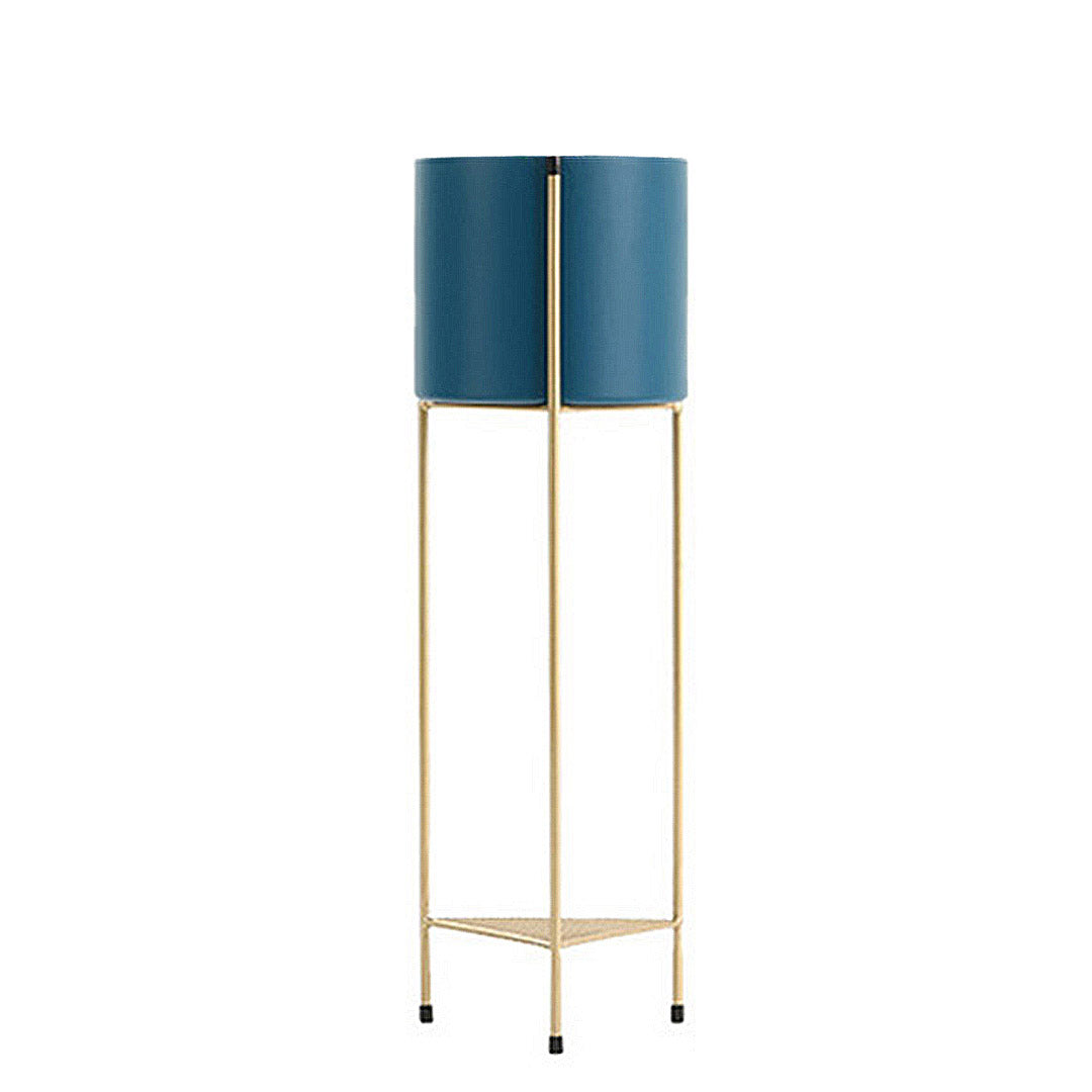 NNEAGS 2 Layer 65cm Gold Metal Plant Stand with Blue Flower Pot Holder Corner Shelving Rack Indoor Display-0
