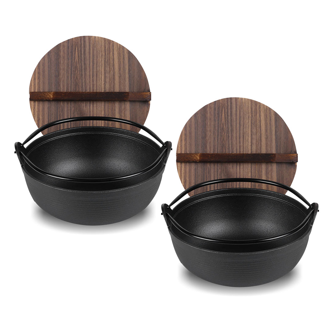 NNEAGS 2X 29cm Cast Iron Japanese Style Sukiyaki Tetsu Nabe Shabu Hot Pot with Wooden Lid-0