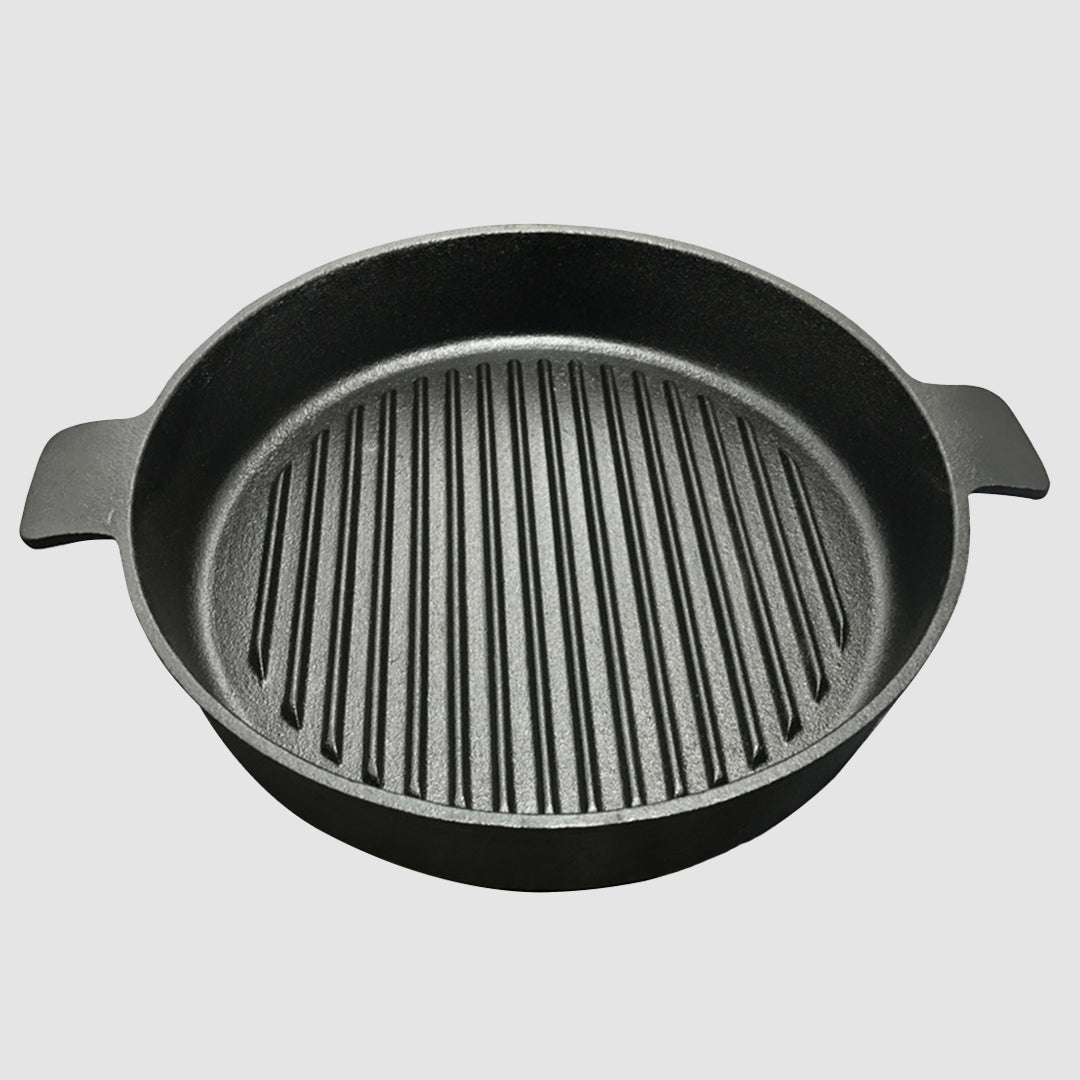 NNEAGS 2X 25cm Round Ribbed Cast Iron Frying Pan Skillet Steak Sizzle Platter with Handle-1