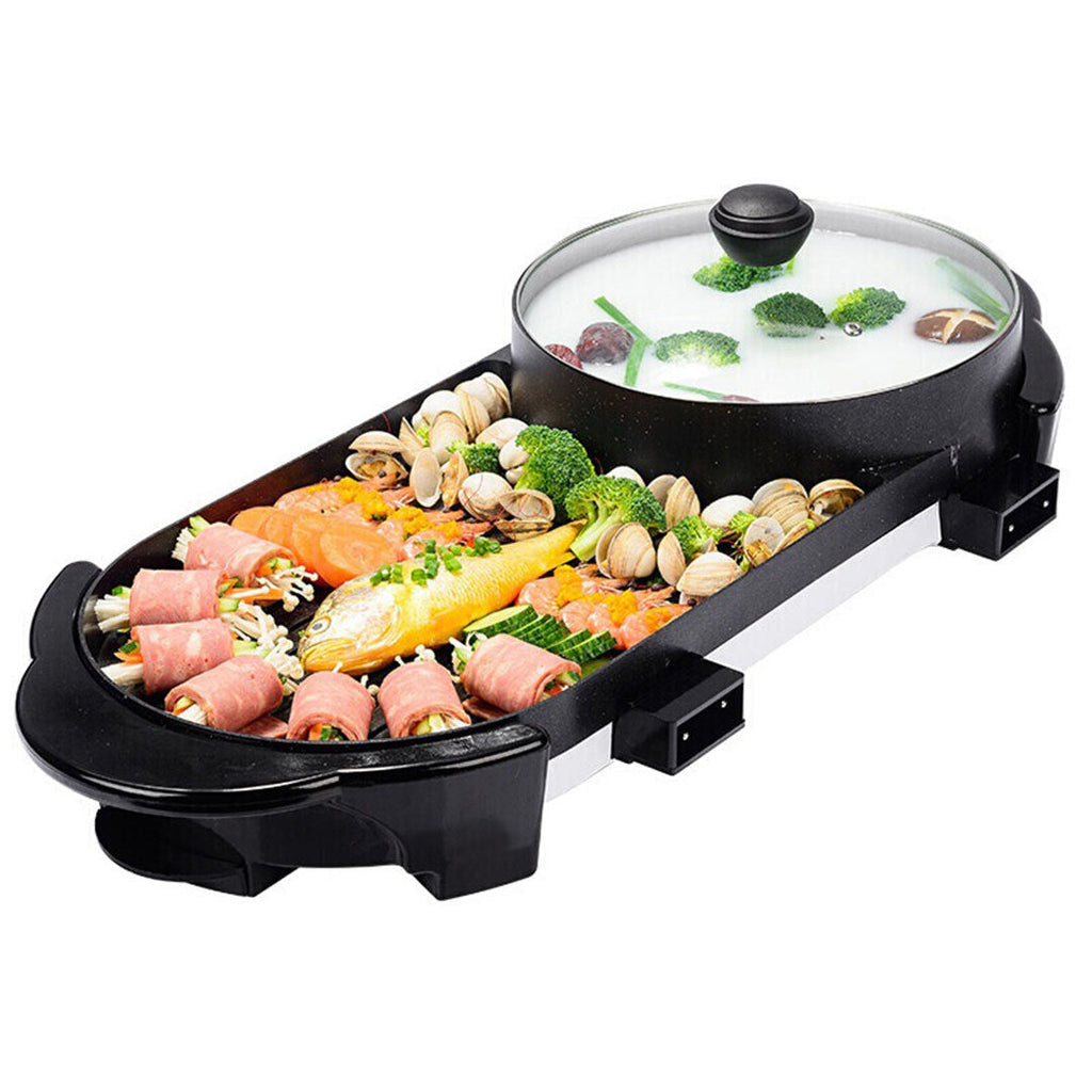NNEAGS 2X 2  in 1 Electric Non-Stick BBQ Teppanyaki Grill Plate Steamboat Hotpot 2-8 Person-1