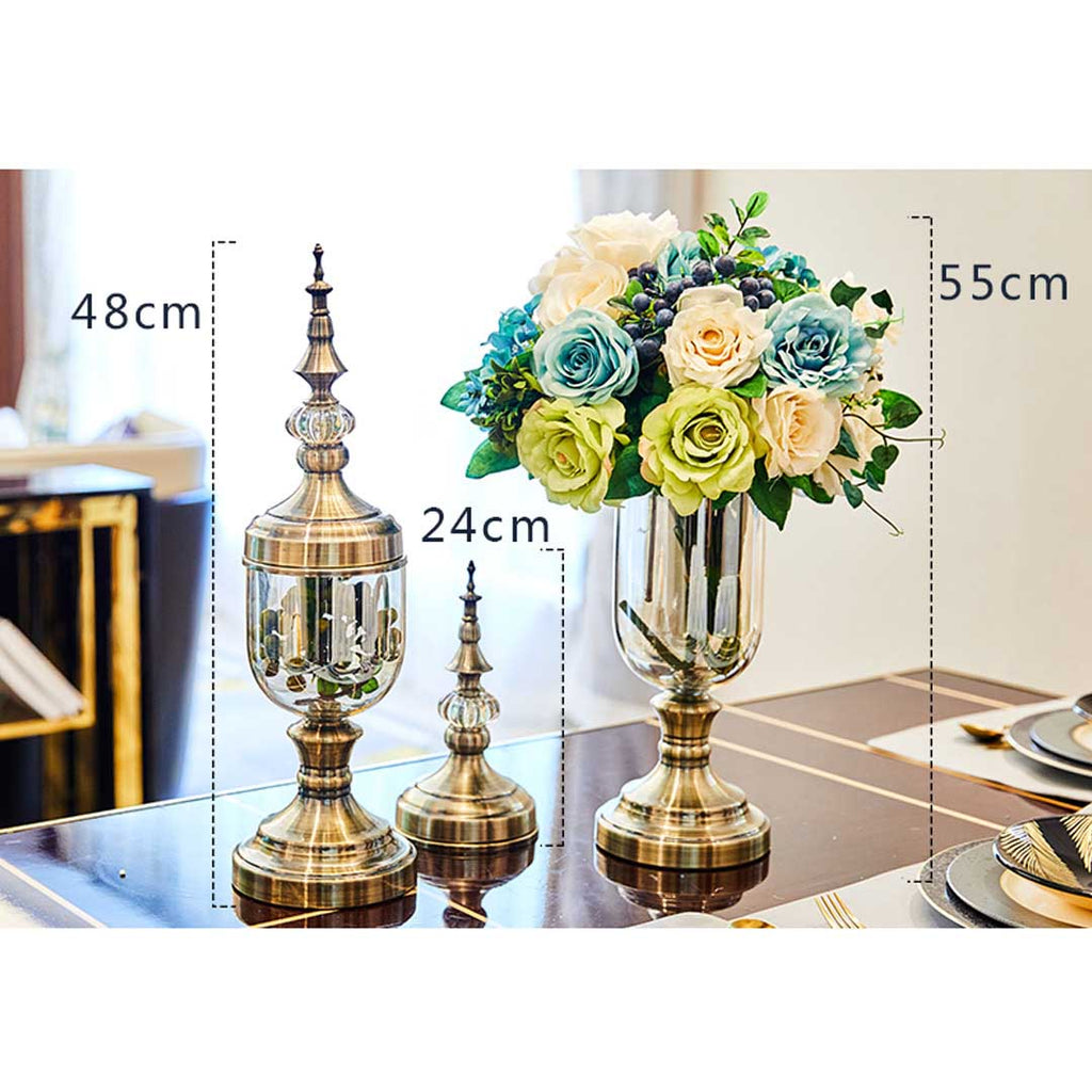 NNEAGS 2X Clear Glass Flower Vase with Lid and Pink Flower Filler Vase Bronze Set-1