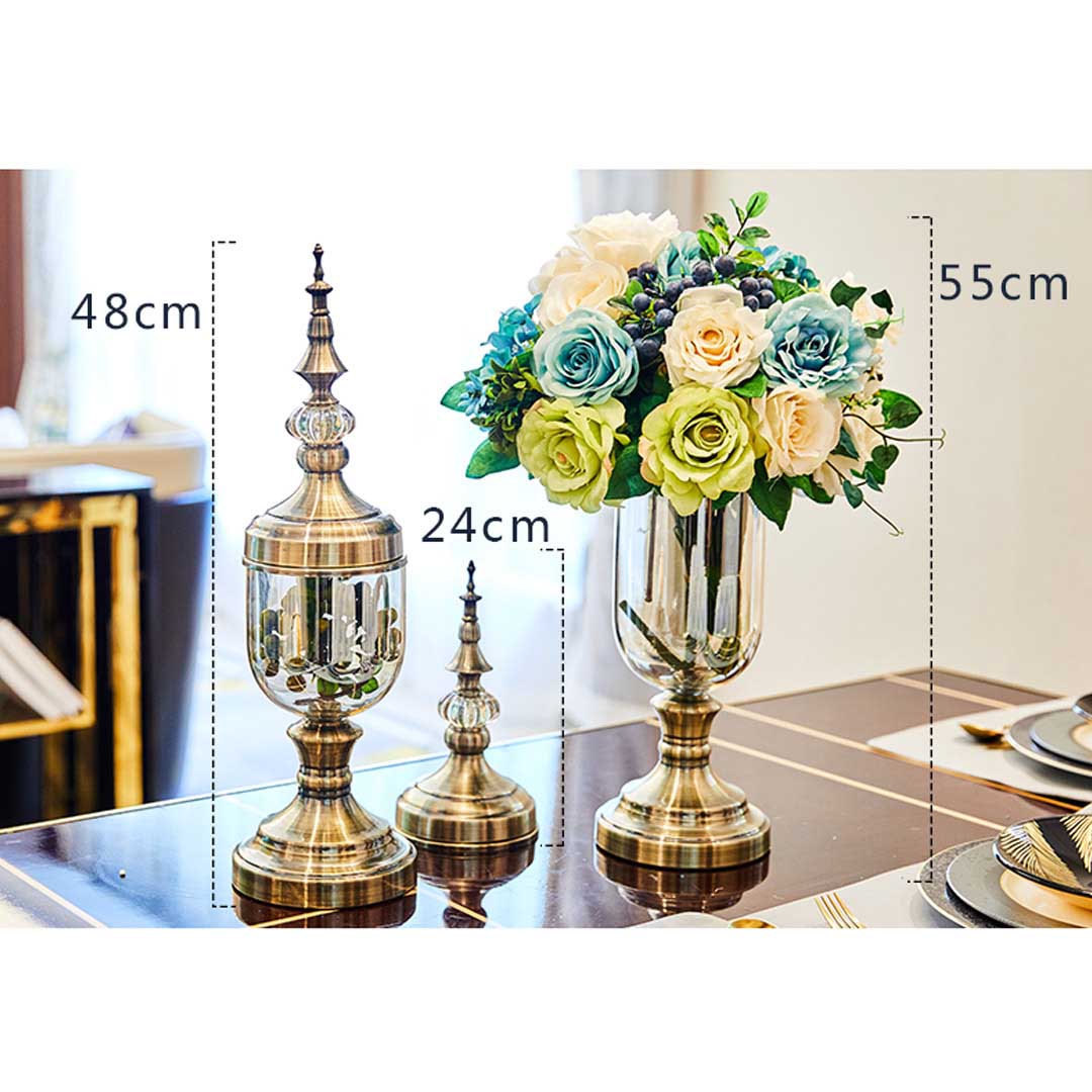 NNEAGS 2X Clear Glass Flower Vase with Lid and Pink Flower Filler Vase Bronze Set-1