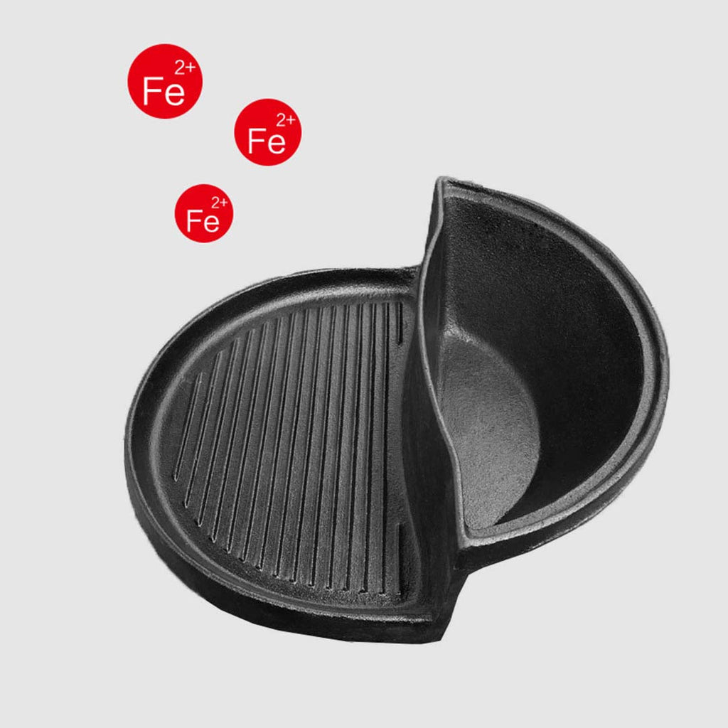 NNEAGS 2X 2 in 1 Cast Iron Ribbed Fry Pan Skillet Griddle BBQ and Steamboat Hot Pot-1