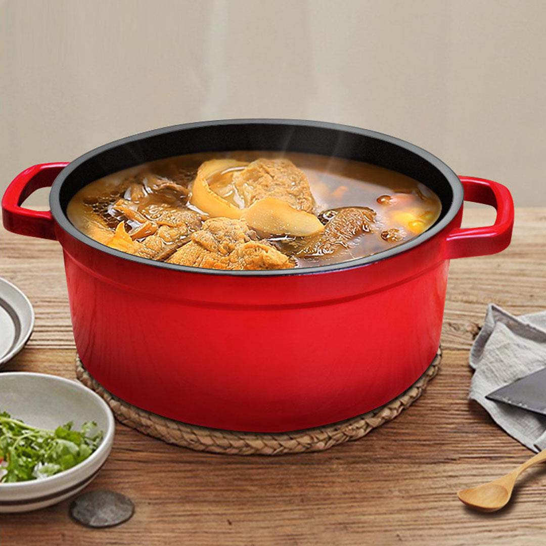 NNEAGS 2X Cast Iron 24cm Enamel Porcelain Stewpot Casserole Stew Cooking Pot With Lid Red-1