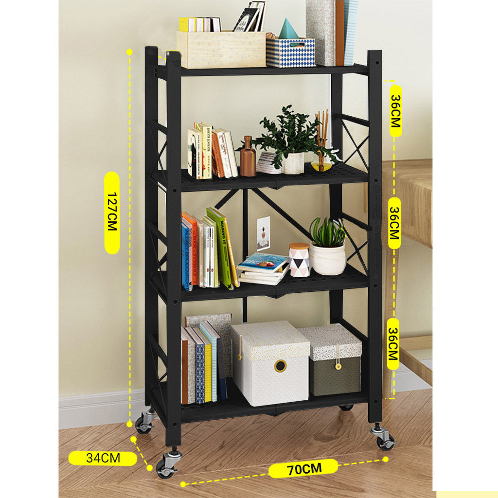 NNEAGS 4 Tier Steel Black Foldable Display Stand Multi-Functional Shelves Portable Storage Organizer with Wheels-1