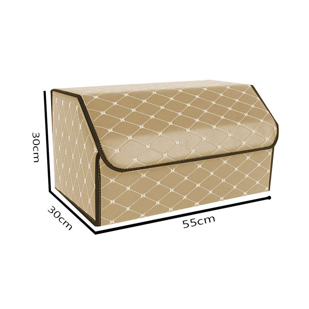 NNEAGS 4X Leather Car Boot Collapsible Foldable Trunk Cargo Organizer Portable Storage Box Beige/Gold Stitch Large-1