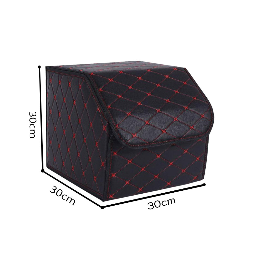 NNEAGS 4X Leather Car Boot Collapsible Foldable Trunk Cargo Organizer Portable Storage Box Black/Red Stitch Small-1