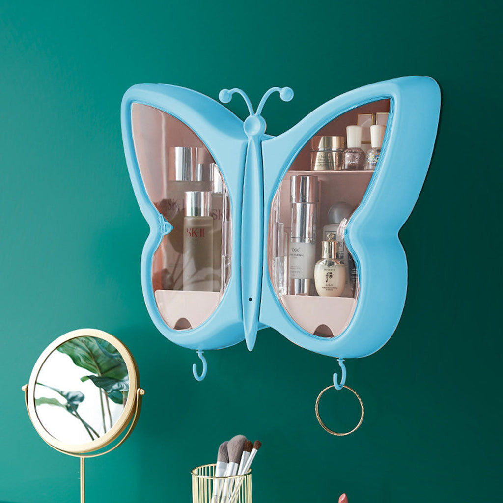 NNEAGS 2X Blue Butterfly Shape Wall-Mounted Makeup Organiser Dustproof Waterproof Bathroom Storage Box Home Decor-1