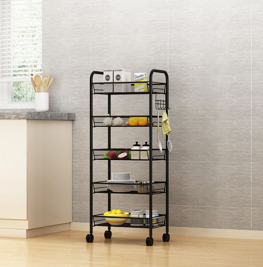 NNEAGS 2X 5 Tier Steel Black Bee Mesh Kitchen Cart Multi-Functional Shelves Portable Storage Organizer with Wheels-1