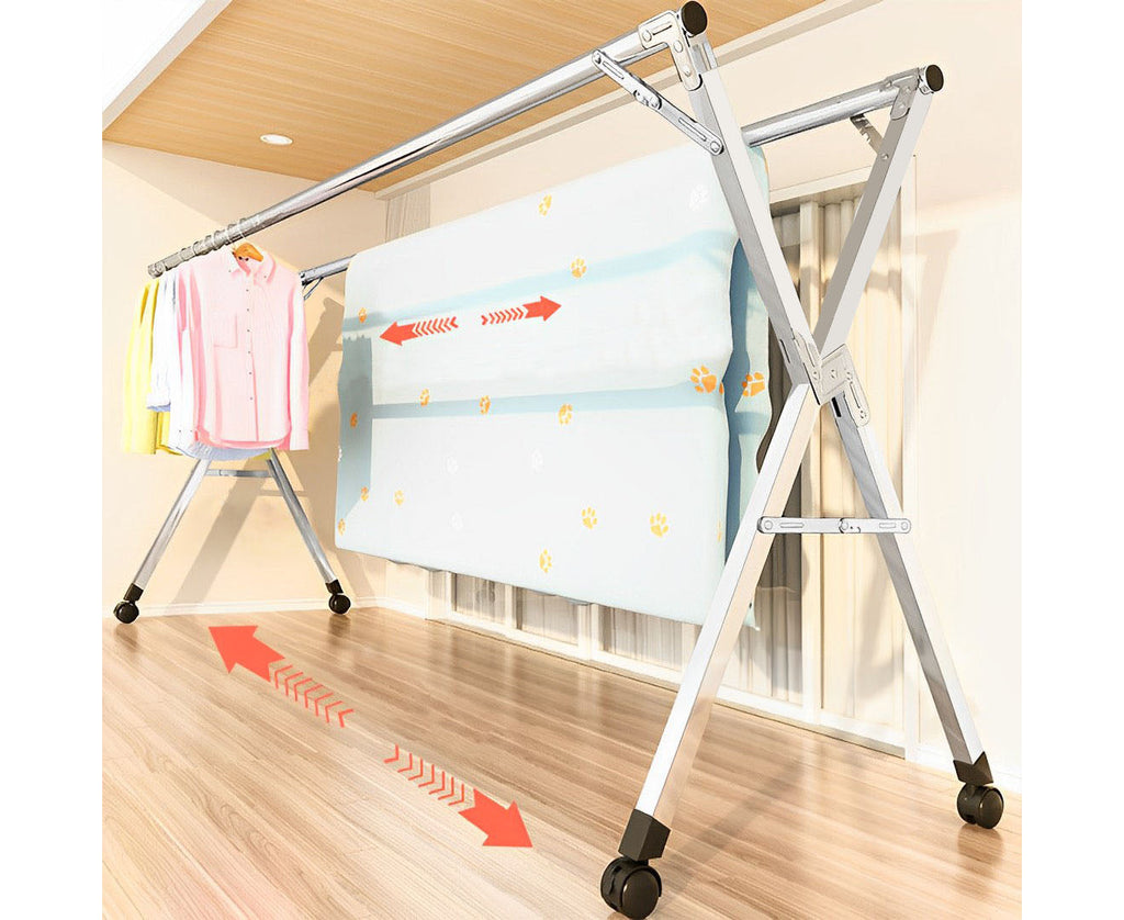 NNEAGS 2.4m Portable Standing Clothes Drying Rack Foldable Space-Saving Laundry Holder with Wheels-1