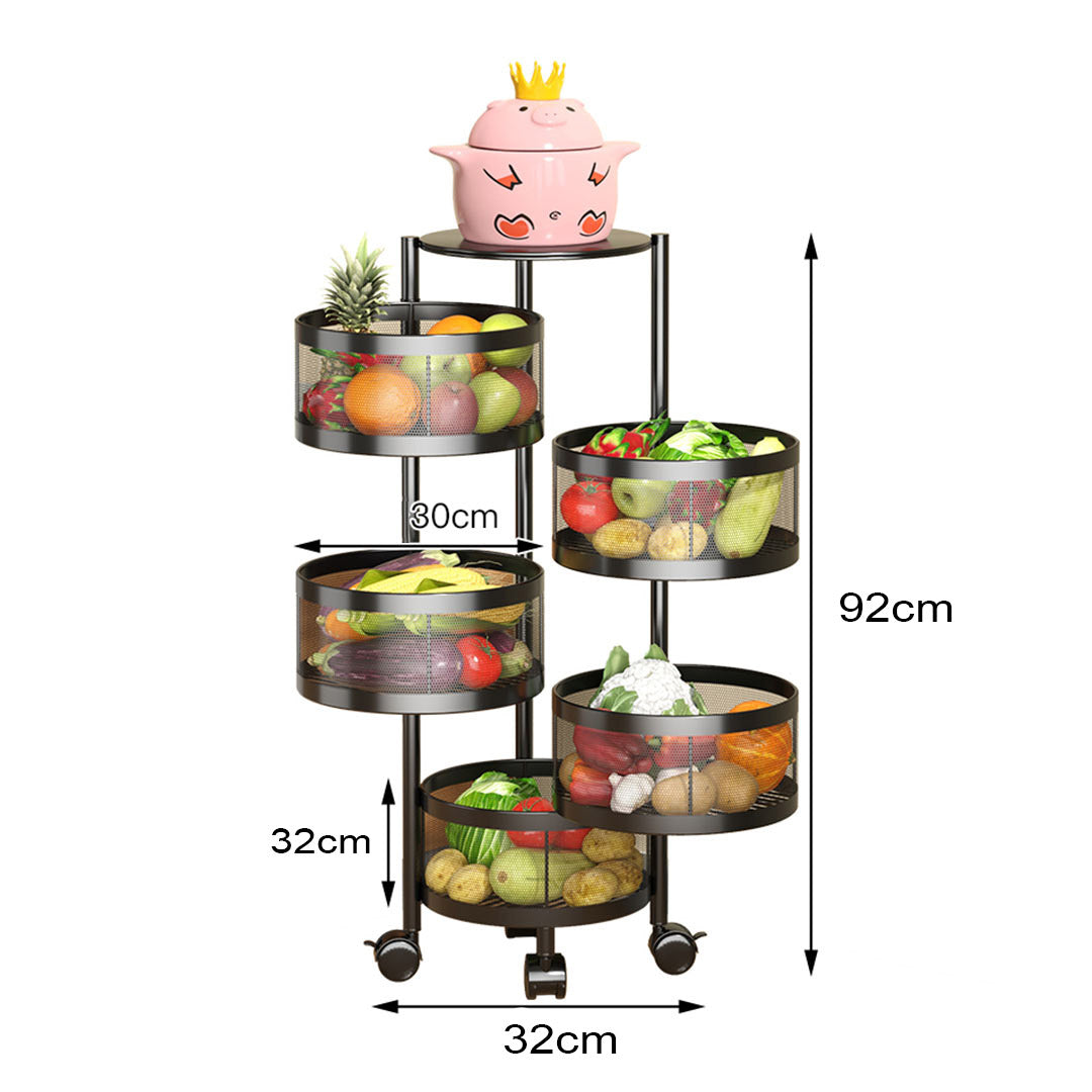 NNEAGS 5 Tier Steel Round Rotating Kitchen Cart Multi-Functional Shelves Portable Storage Organizer with Wheels-1