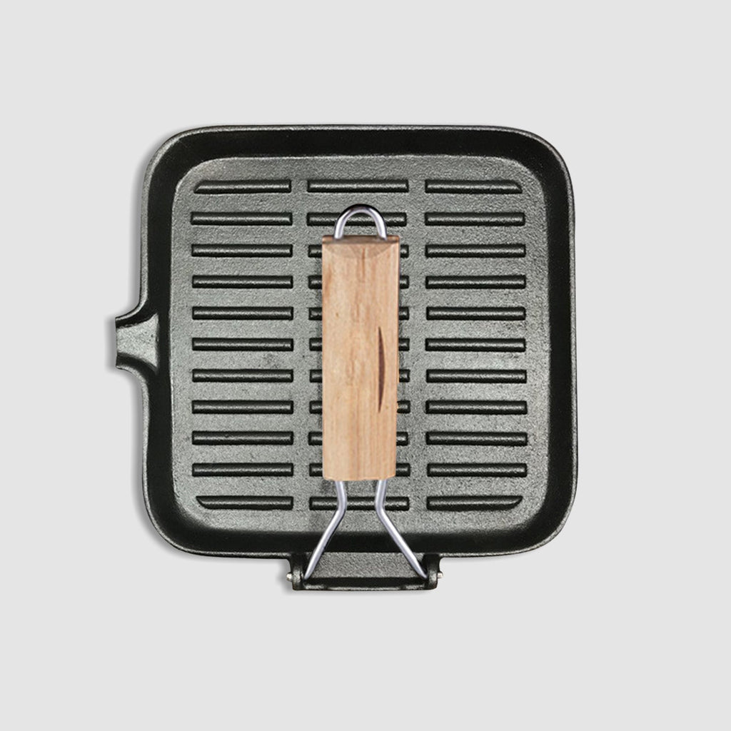 NNEAGS 2X 28cm Ribbed Cast Iron Square Steak Frying Grill Skillet Pan with Folding Wooden Handle-1