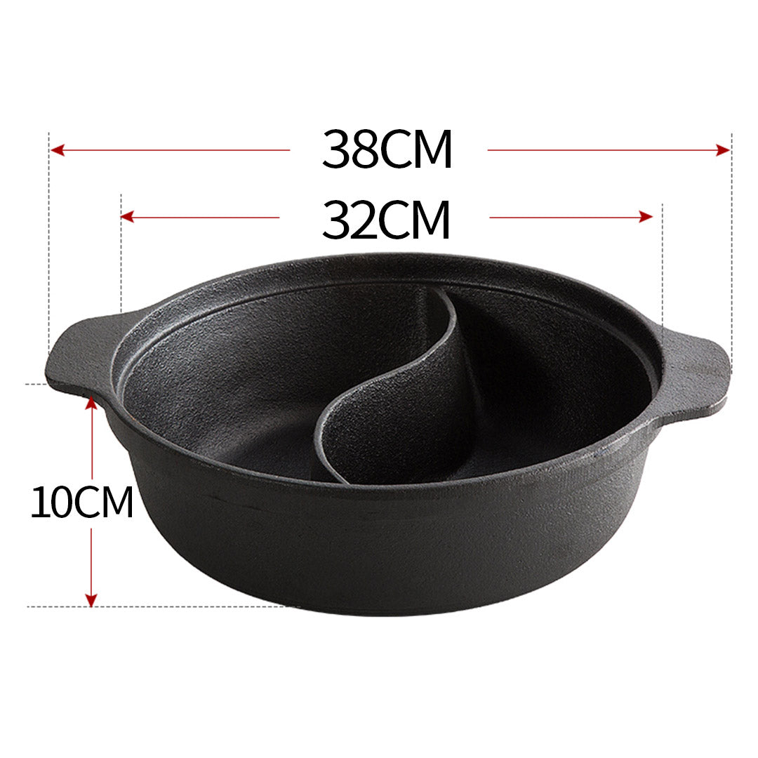 NNEAGS 32CM Round Cast Iron Shabu Shabu Hotpot Beef Chicken Stew Wok Two-Flavor Division-1