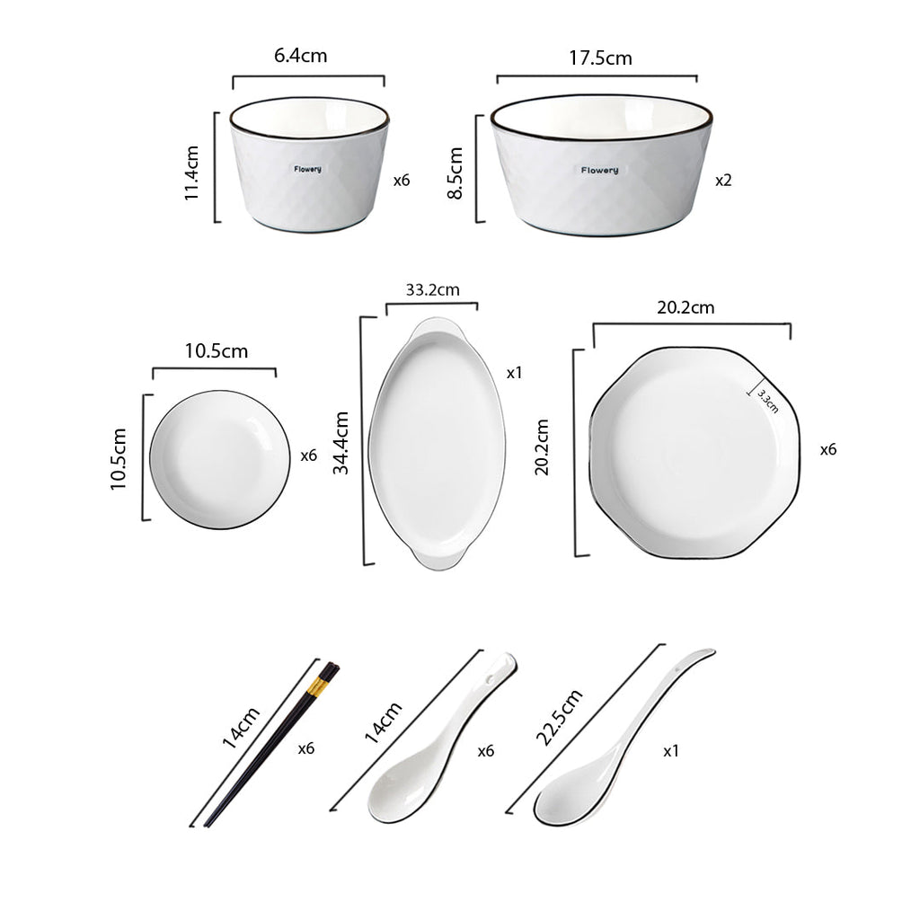 NNEAGS Diamond Pattern Ceramic Dinnerware Crockery Soup Bowl Plate Server Kitchen Home Decor Set of 22-1