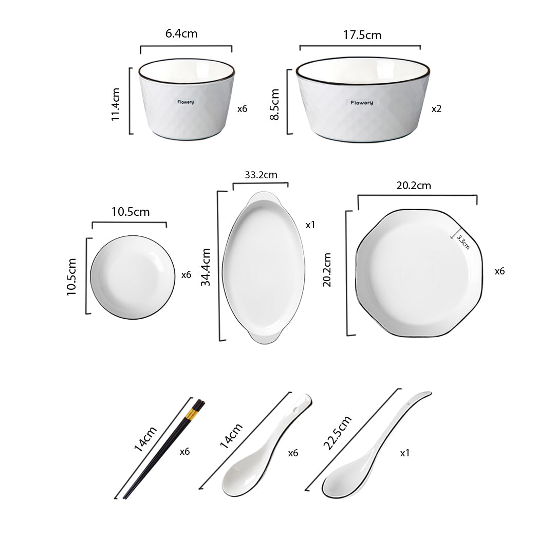 NNEAGS Diamond Pattern Ceramic Dinnerware Crockery Soup Bowl Plate Server Kitchen Home Decor Set of 22-1