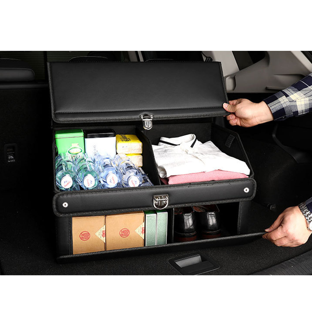 NNEAGS 2X 60cm Leather Car Boot Collapsible Foldable Trunk Cargo Organizer Portable Storage Box with Lock Black-1