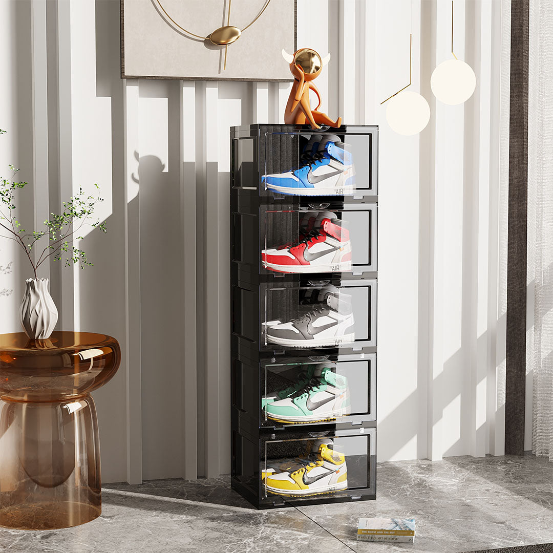 NNEAGS 2X 5 Tier Black Portable Shoe Organiser Sneaker Footwear Folding Plastic Bin Stackable Storage Box with Magnetic Door-1