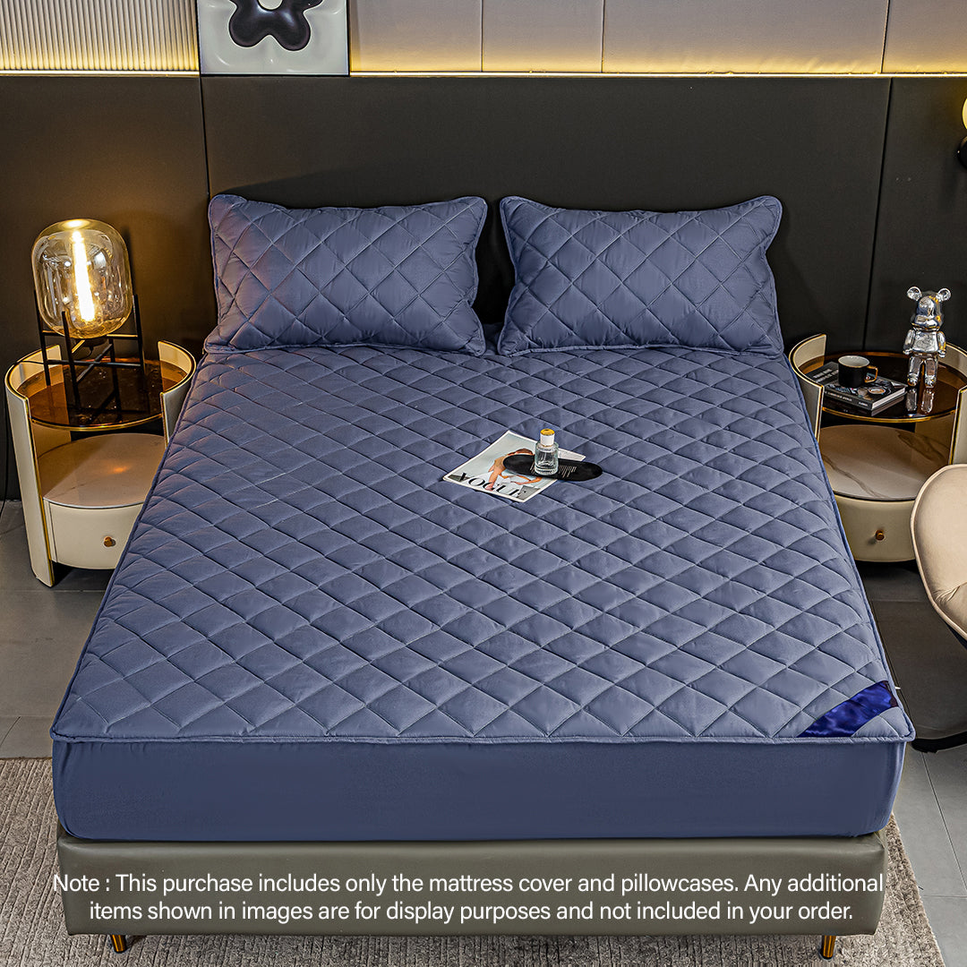 NNEAGS 2X Blue 153cm Wide Cross-Hatch Mattress Cover Thick Quilted Stretchable Bed Spread Sheet Protector with Pillow Covers-1
