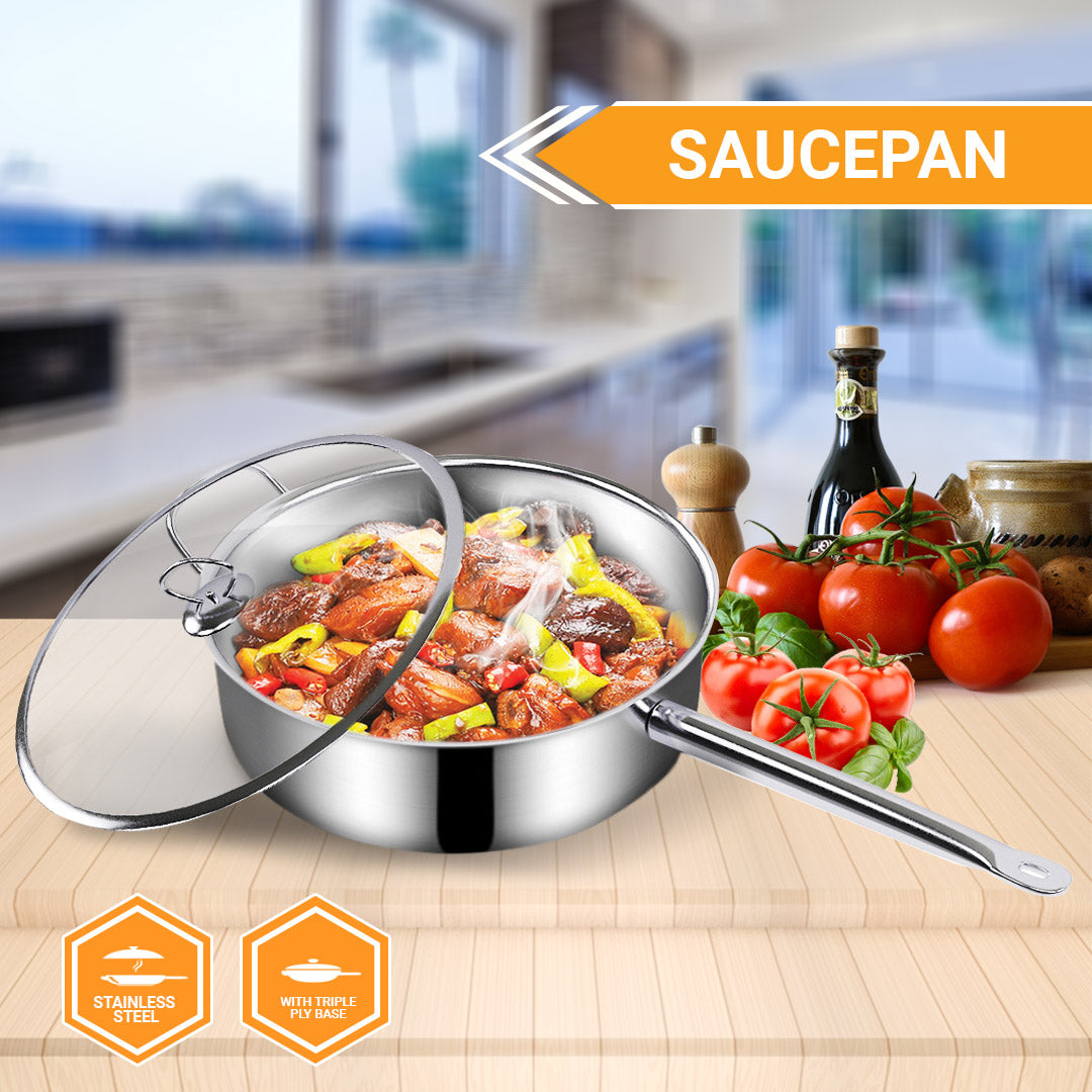 NNEAGS 32cm Stainless Steel Saucepan Sauce pan with Glass Lid and Helper Handle Triple Ply Base Cookware-2