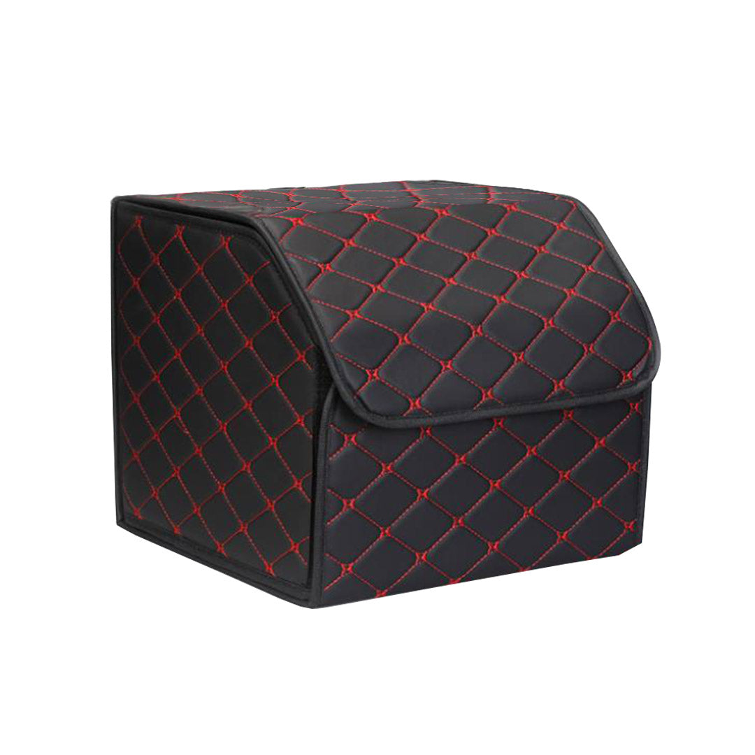 NNEAGS 4X Leather Car Boot Collapsible Foldable Trunk Cargo Organizer Portable Storage Box Black/Red Stitch Small-2
